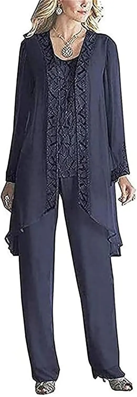 Chiffon Wedding Pant Suits 3 Pieces Formal Mother of The Bride Pant Suits for Women