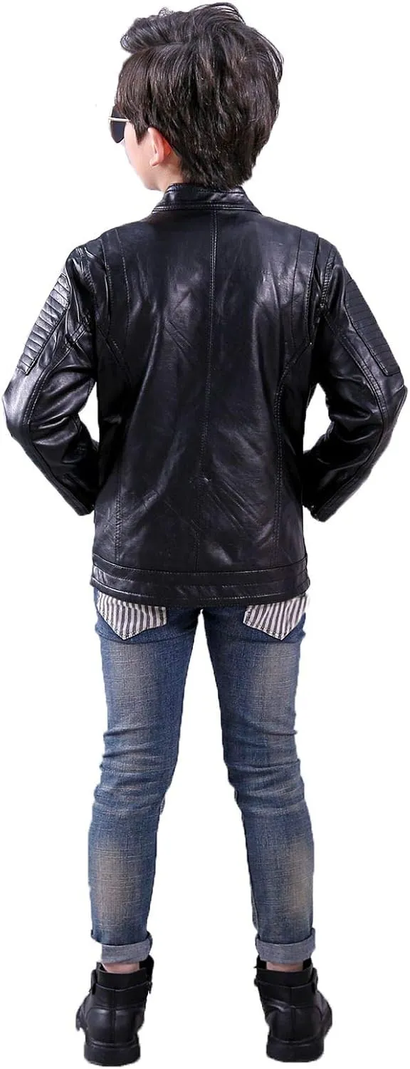 Children Leather Jacket Kids Motorcycle Biker Jacket Stand Collar Zipper Faux Leather Coat