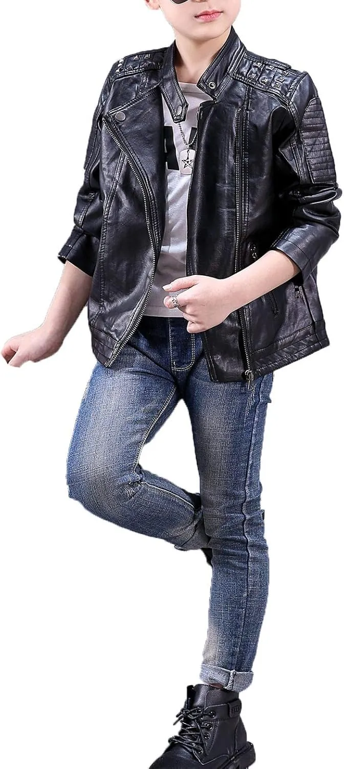 Children Leather Jacket Kids Motorcycle Biker Jacket Stand Collar Zipper Faux Leather Coat
