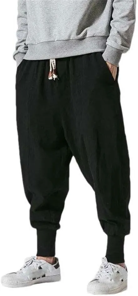 Chinese Style Cotton Linen Harem Pants Men Solid Color Elastic Waist Jogging Pants Casual Pants Men