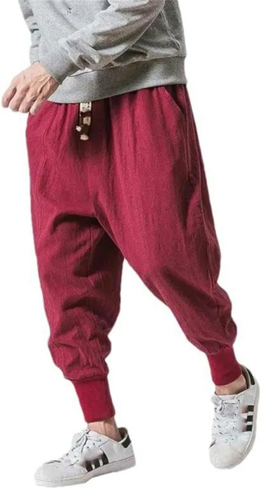Chinese Style Cotton Linen Harem Pants Men Solid Color Elastic Waist Jogging Pants Casual Pants Men