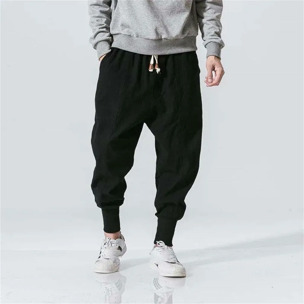Chinese Style Cotton Linen Harem Pants Men Solid Color Elastic Waist Jogging Pants Casual Pants Men
