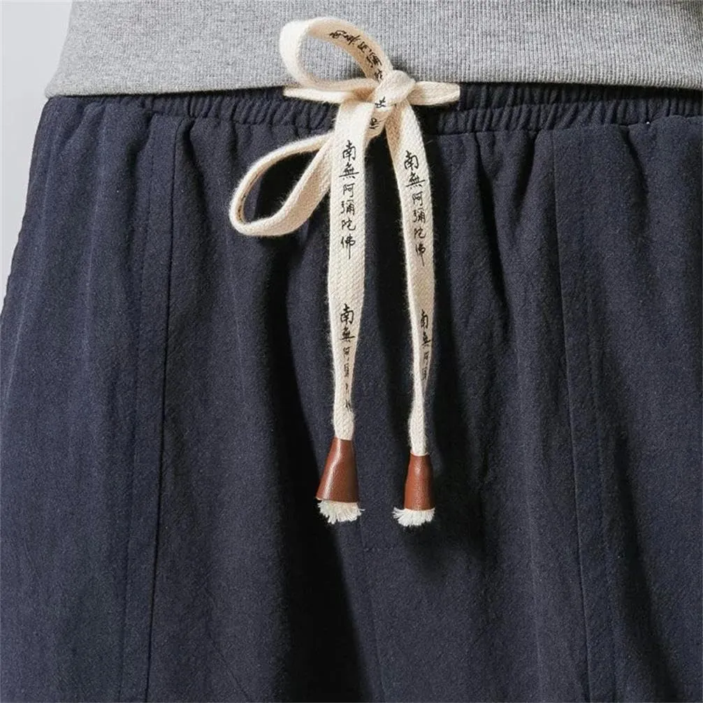 Chinese Style Cotton Linen Harem Pants Men Solid Color Elastic Waist Jogging Pants Casual Pants Men
