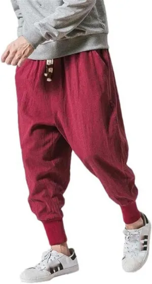 Chinese Style Cotton Linen Harem Pants Men Solid Color Elastic Waist Jogging Pants Casual Pants Men