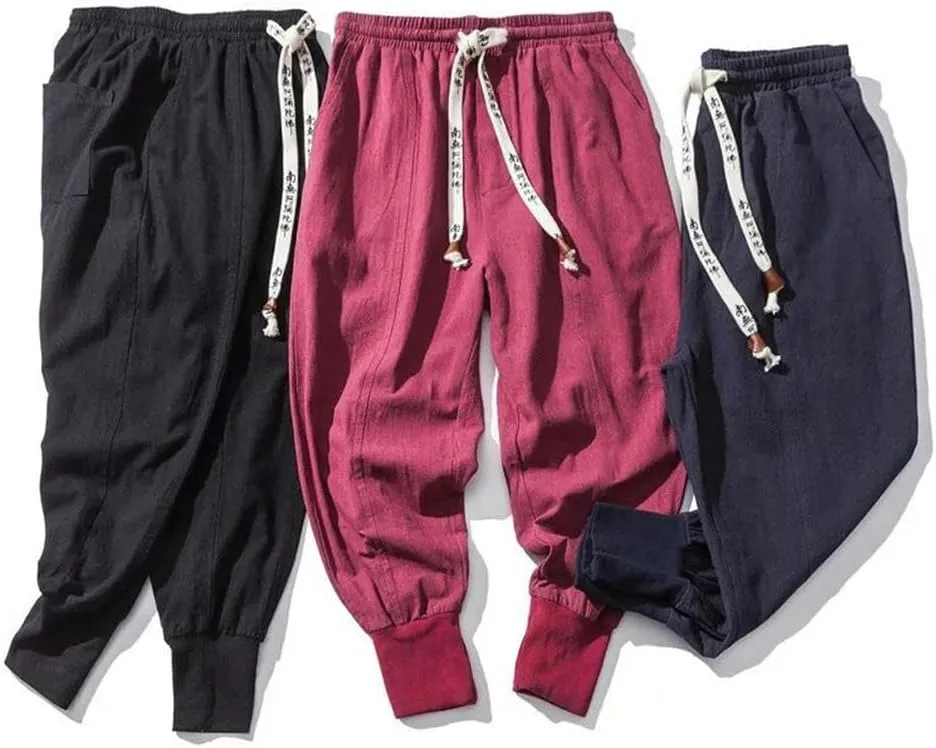 Chinese Style Cotton Linen Harem Pants Men Solid Color Elastic Waist Jogging Pants Casual Pants Men