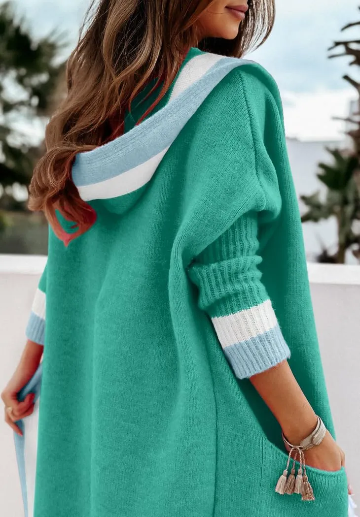 chouyatou Women's Color Block Vertical Striped Open Front Oversized Hooded Long Cardigan Sweaters with Pockets