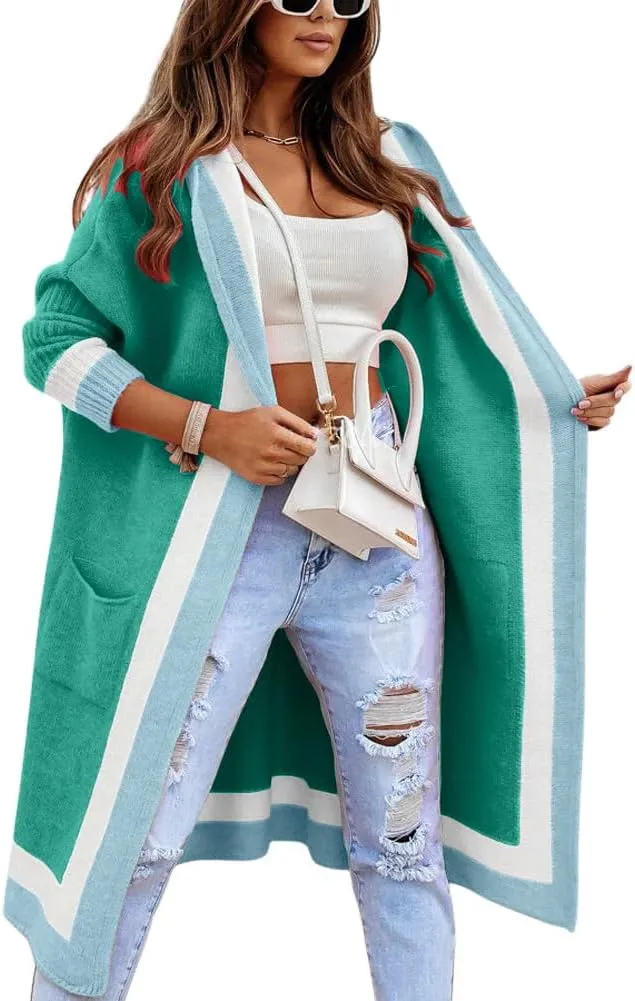 chouyatou Women's Color Block Vertical Striped Open Front Oversized Hooded Long Cardigan Sweaters with Pockets