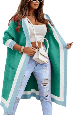 chouyatou Women's Color Block Vertical Striped Open Front Oversized Hooded Long Cardigan Sweaters with Pockets