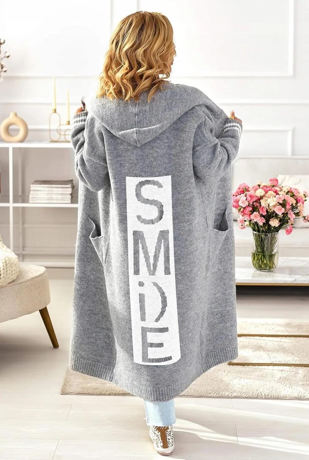 chouyatou Women's Smile Graphic Pattern Hooded Long Cardigan Color Block Open Front Hoodie Cardigan Sweaters