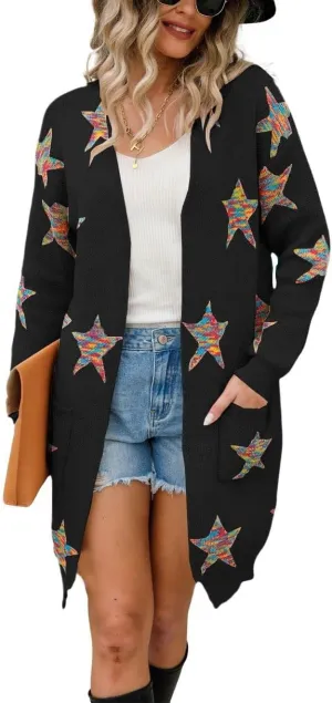 chouyatou Women's Star Print Long Sleeve Open Front Long Cardigan Sweaters with Pockets