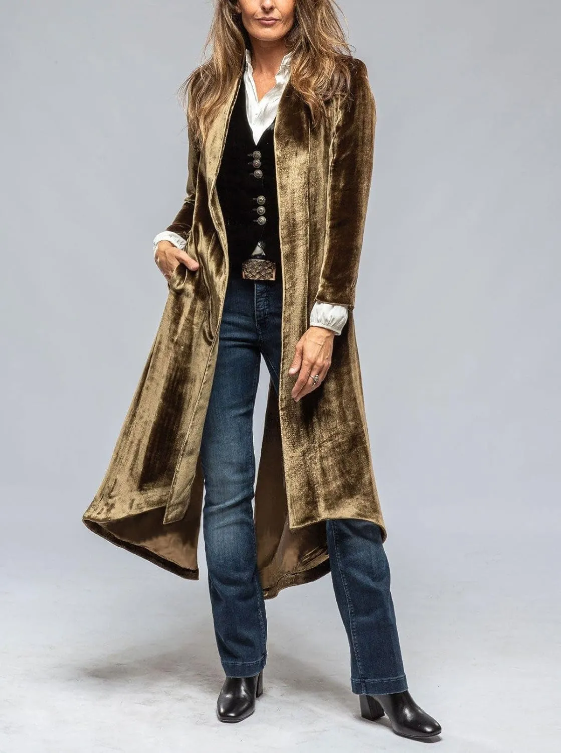 chouyatou Women's Velvet Open Front Long Trench Coat Elegant Back High Slit Blazer Suit Jacket with Pockets