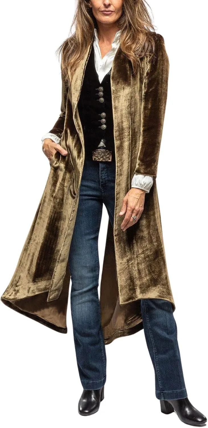 chouyatou Women's Velvet Open Front Long Trench Coat Elegant Back High Slit Blazer Suit Jacket with Pockets