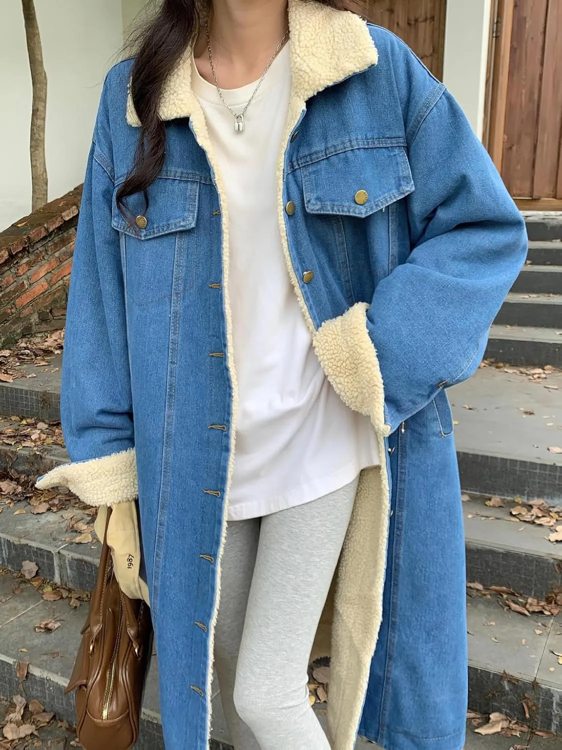 chouyatou Women's Warm Winter Windproof Sherpa Fleece Lined Long Denim Coat Trucker Jean Jacket Overcoat