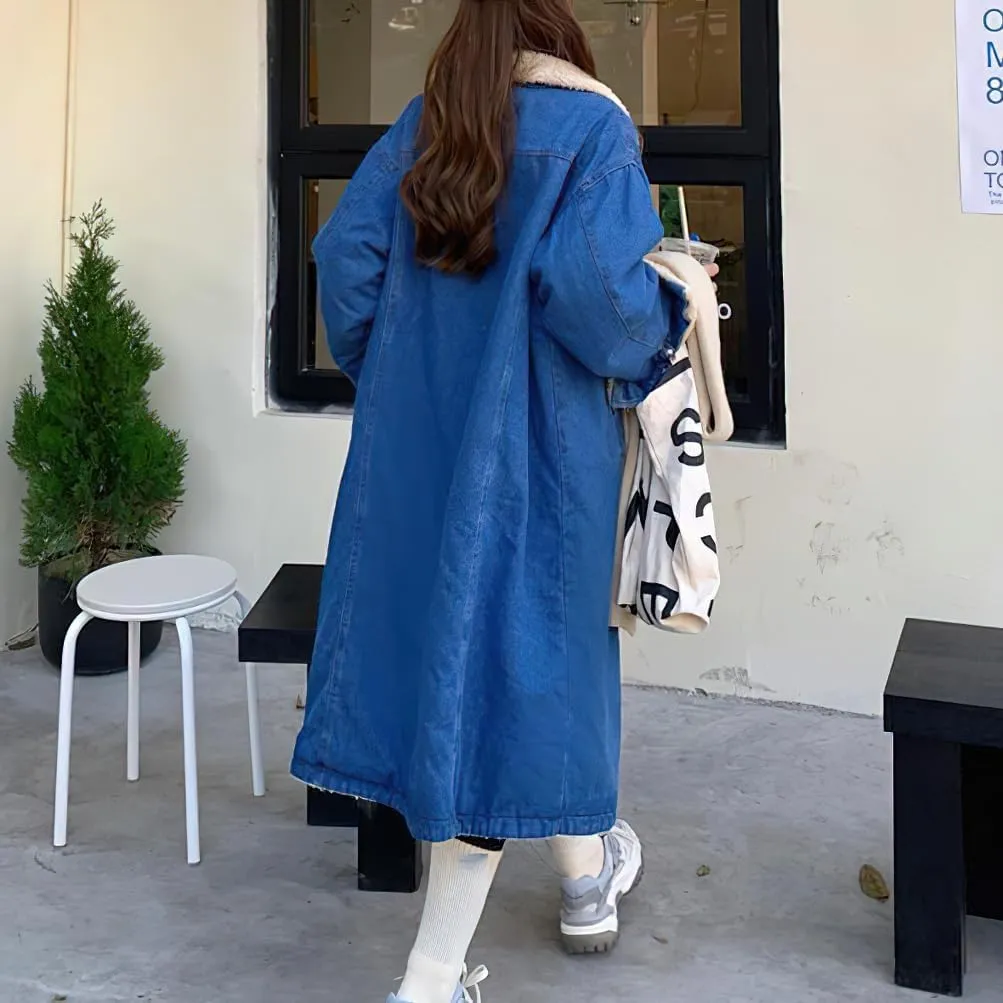 chouyatou Women's Warm Winter Windproof Sherpa Fleece Lined Long Denim Coat Trucker Jean Jacket Overcoat