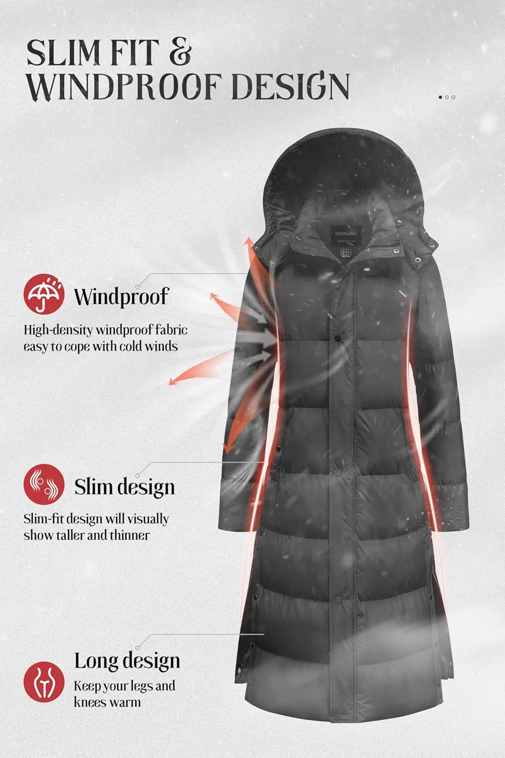 Chrisuno Women's Long Winter Coat Warm Windproof Quilted Puffer Jacket Thicken Puffy Parka With Hood