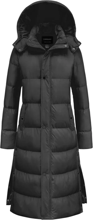 Chrisuno Women's Long Winter Coat Warm Windproof Quilted Puffer Jacket Thicken Puffy Parka With Hood