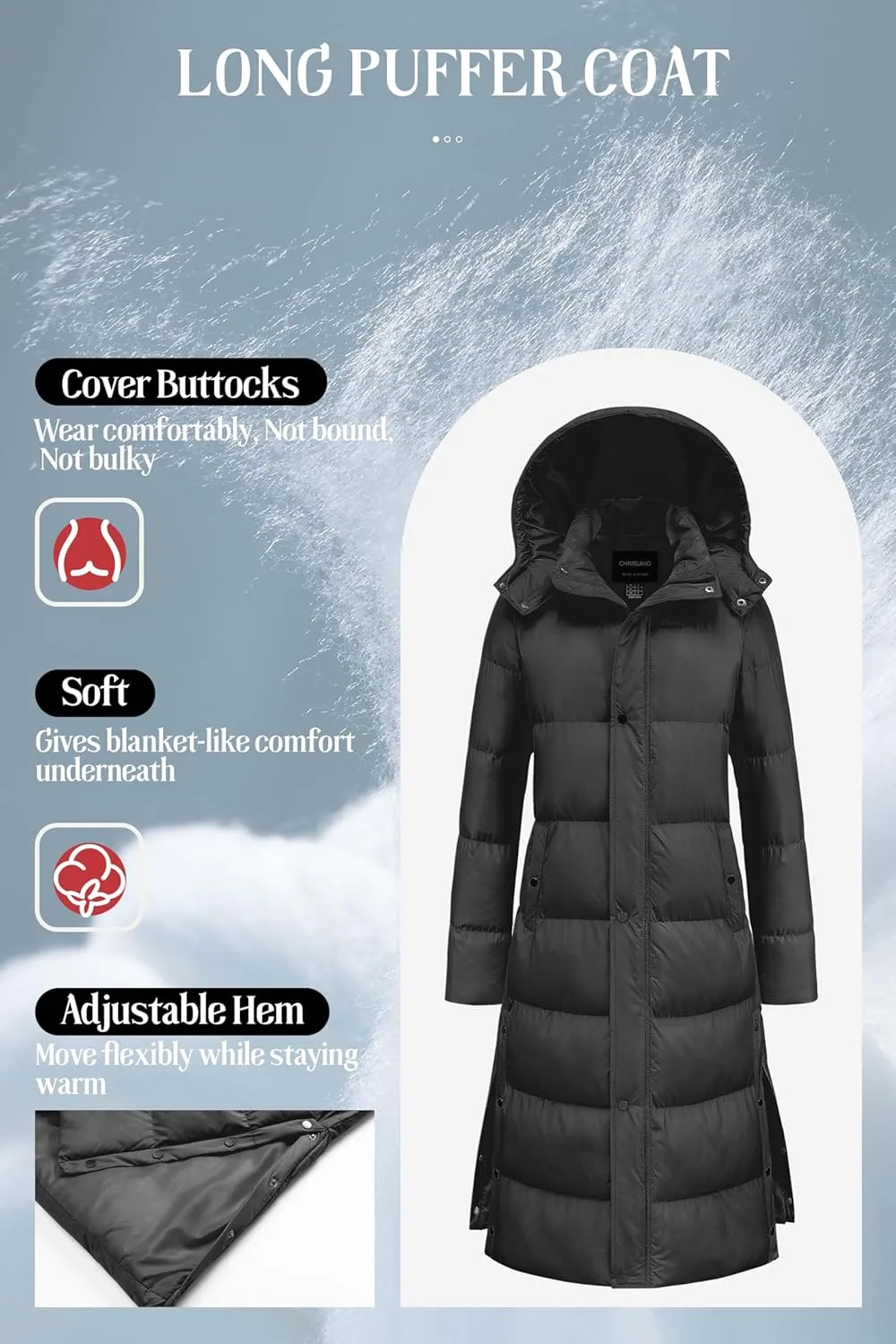 Chrisuno Women's Long Winter Coat Warm Windproof Quilted Puffer Jacket Thicken Puffy Parka With Hood