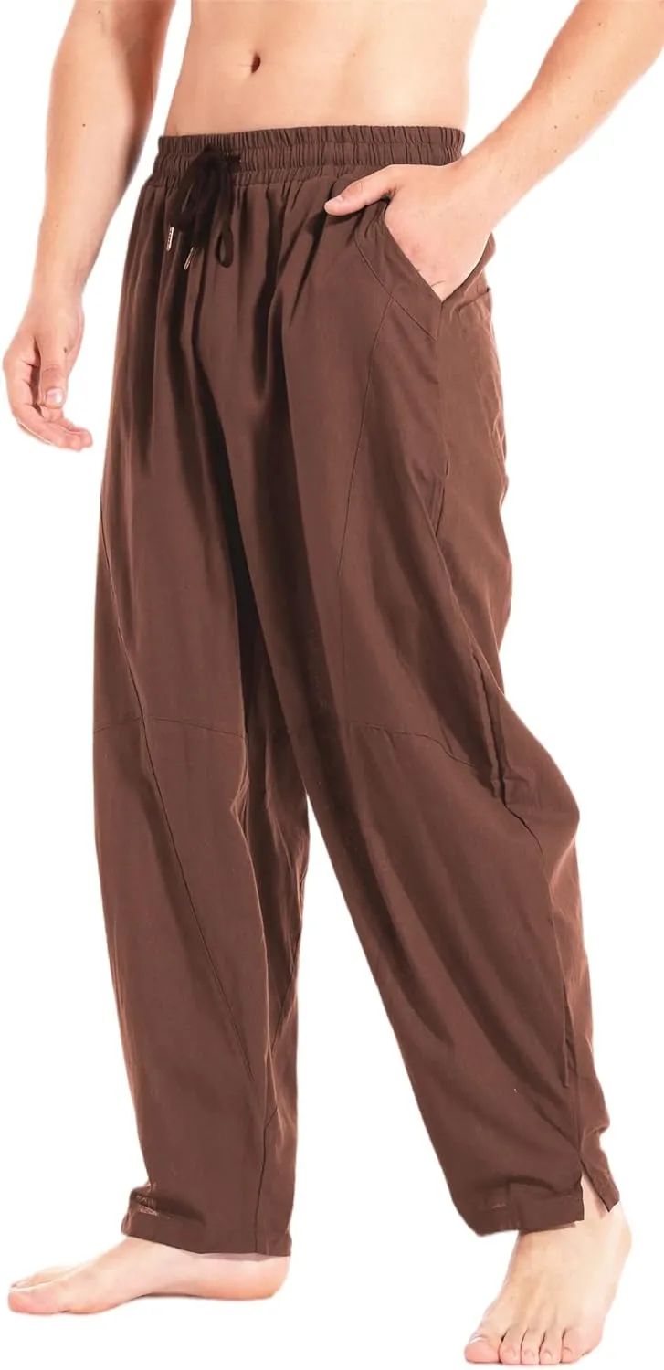 CLANMILUMS Men's Casual Cotton Linen Pants Loose Elastic Waist Summer Beach Trousers