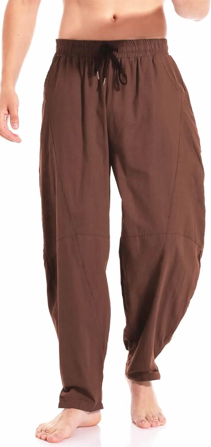 CLANMILUMS Men's Casual Cotton Linen Pants Loose Elastic Waist Summer Beach Trousers