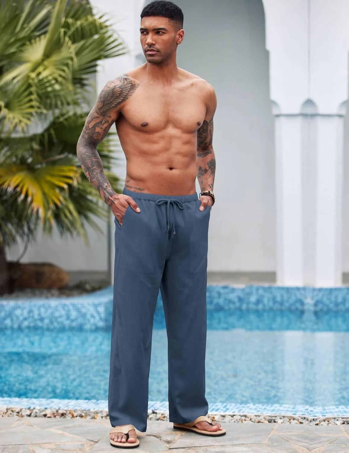 COOFANDY Mens Casual Linen Pants Elastic Waist Linen Pants Drawstring Summer Beach Yoga Linen Trouser