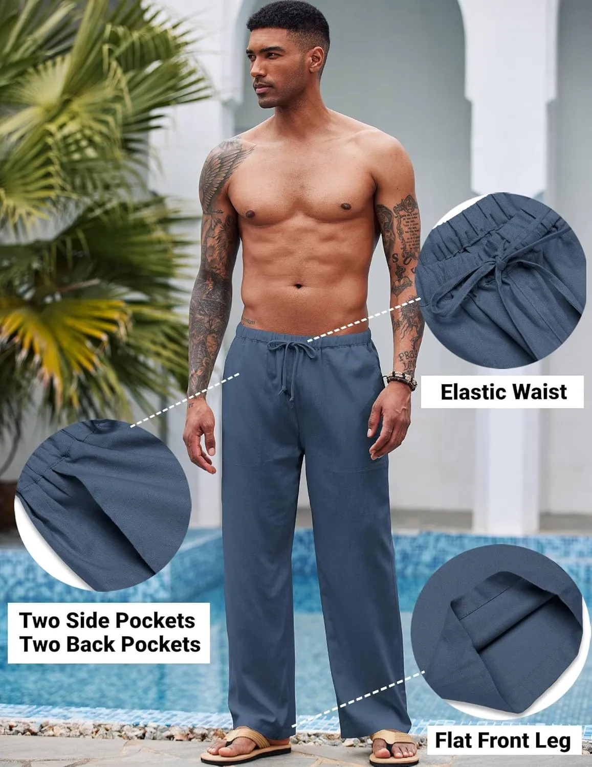 COOFANDY Mens Casual Linen Pants Elastic Waist Linen Pants Drawstring Summer Beach Yoga Linen Trouser
