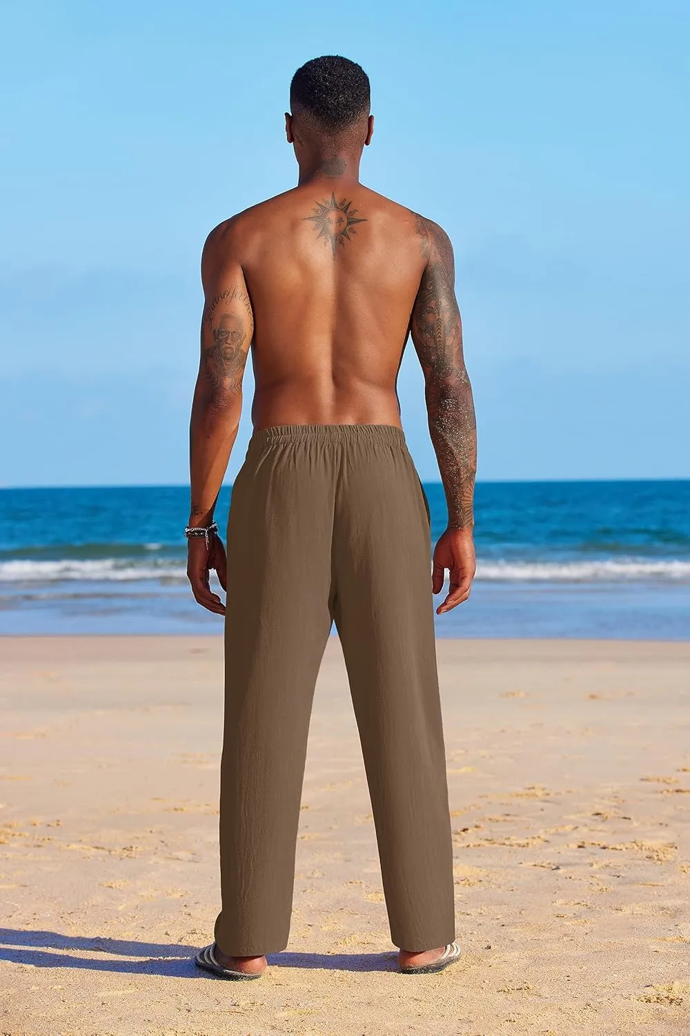 COOFANDY Men's Casual Linen Summer Beach Pants Lightweight Drawstring Elastic Waist Yoga Trousers