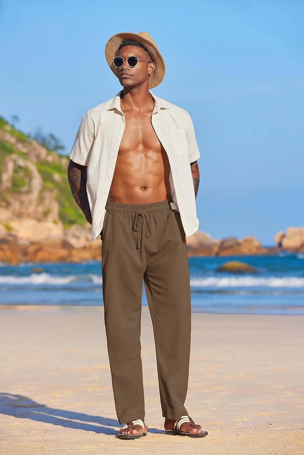 COOFANDY Men's Casual Linen Summer Beach Pants Lightweight Drawstring Elastic Waist Yoga Trousers
