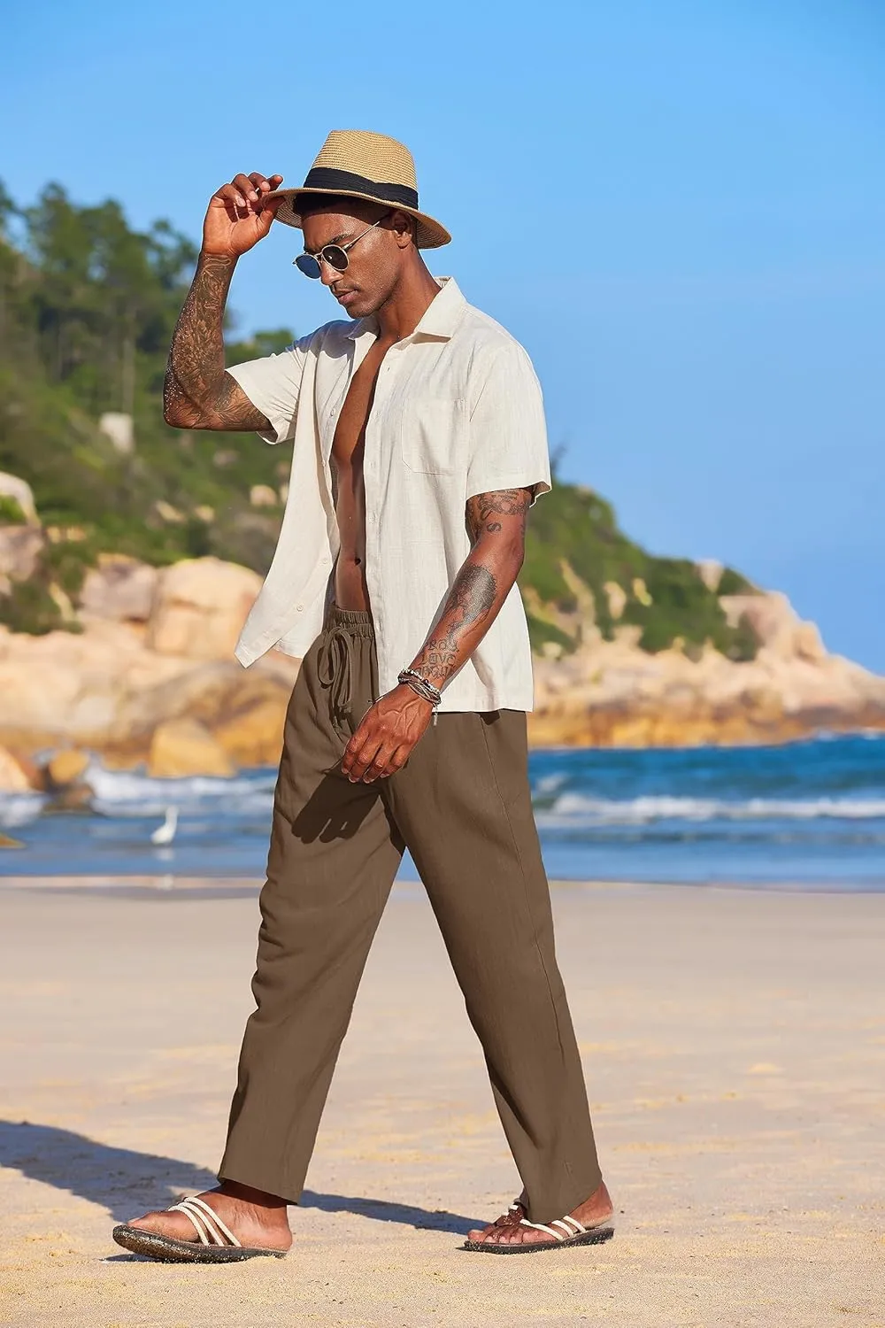 COOFANDY Men's Casual Linen Summer Beach Pants Lightweight Drawstring Elastic Waist Yoga Trousers