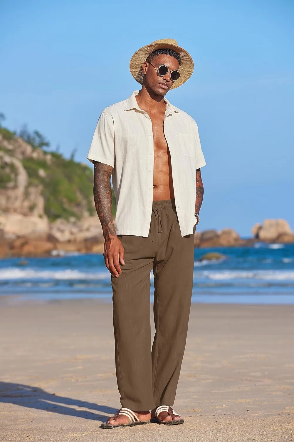COOFANDY Men's Casual Linen Summer Beach Pants Lightweight Drawstring Elastic Waist Yoga Trousers