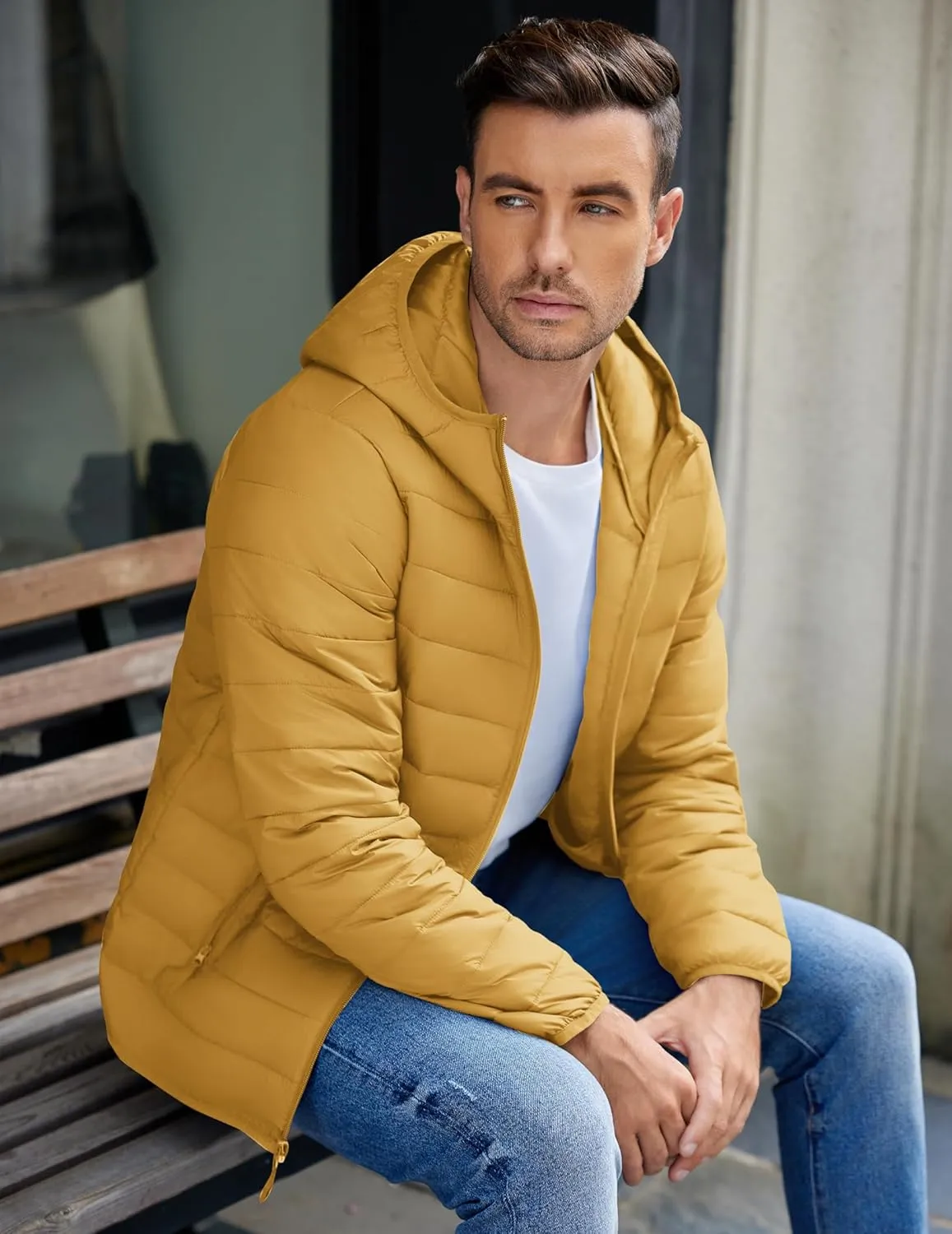 COOFANDY Mens Packable Puffer Jacket Lightweight Hooded Insulated Winter Coat Windproof Zipper Down Jacket