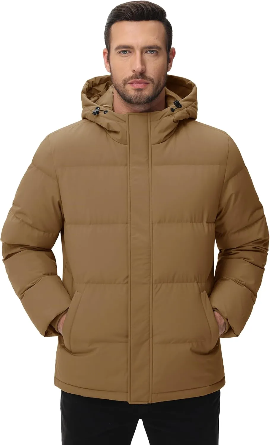Cotrasen Men's Puffer Jacket Hooded Down Jacket Water Resistant Windproof Winter Outwear Full Zip Up Warm Winter Coat