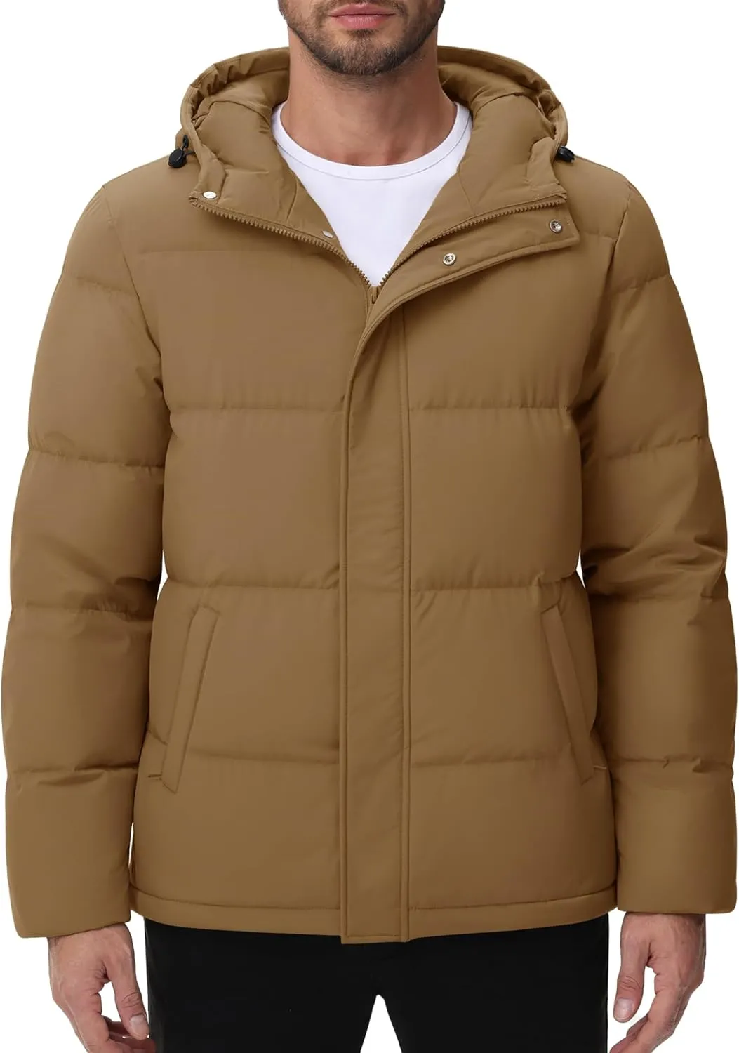 Cotrasen Men's Puffer Jacket Hooded Down Jacket Water Resistant Windproof Winter Outwear Full Zip Up Warm Winter Coat