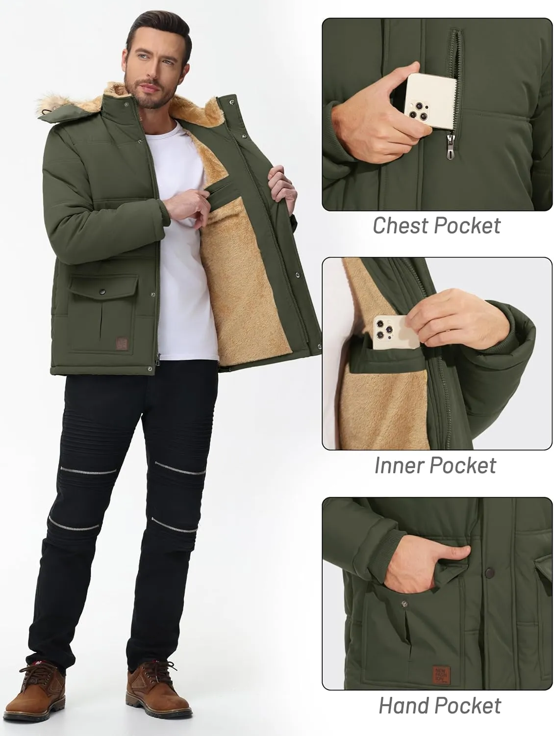 Cotrasen Mens Winter Jacket Thicken Warm Fleece Lined Hoodie Water Repellent Windproof Parka Winter Coat with Pockets