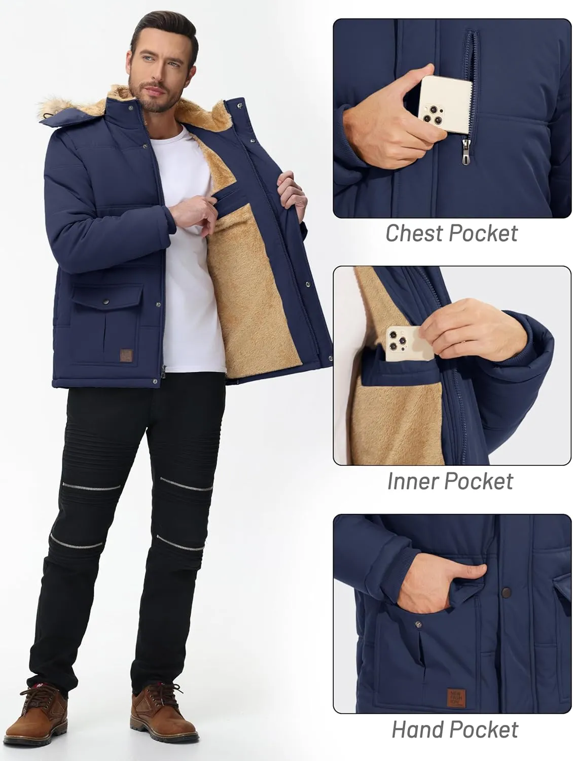 Cotrasen Mens Winter Jacket Thicken Warm Fleece Lined Hoodie Water Repellent Windproof Parka Winter Coat with Pockets