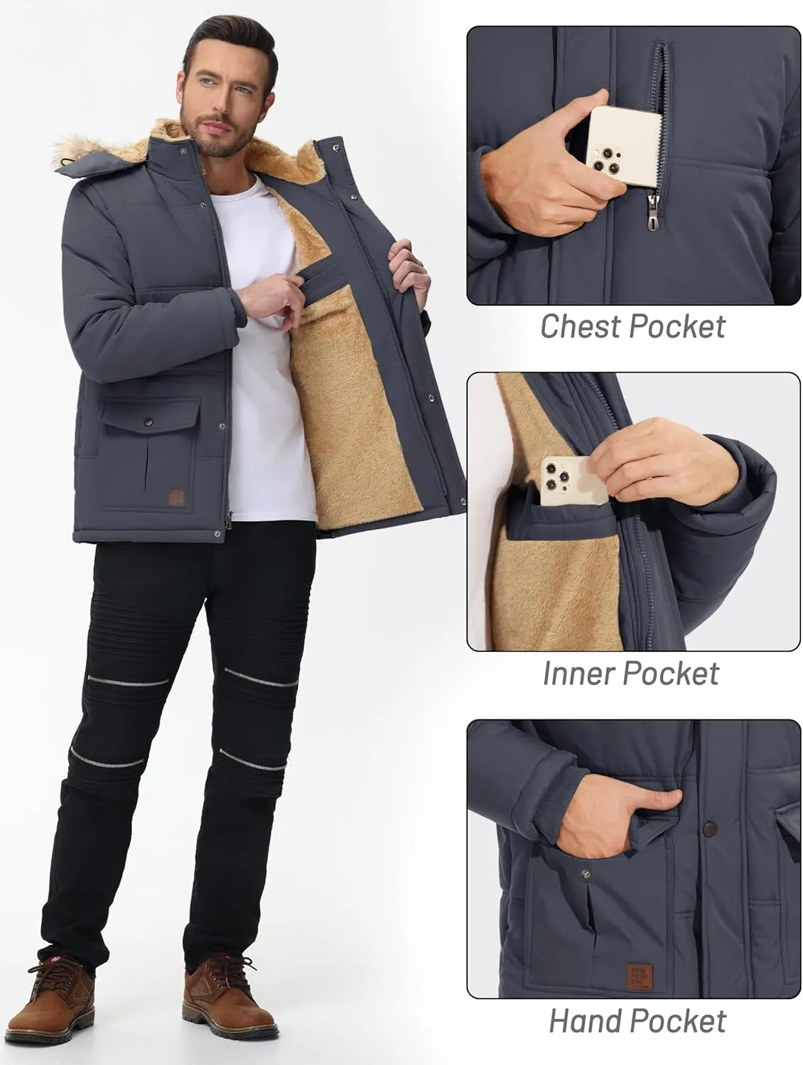 Cotrasen Mens Winter Jacket Thicken Warm Fleece Lined Hoodie Water Repellent Windproof Parka Winter Coat with Pockets