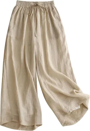 Cotton Linen Capri Pants for Women Casual Summer Wide Leg Palazzo Capris Elastic Waist Loose Flowy Cropped Trousers