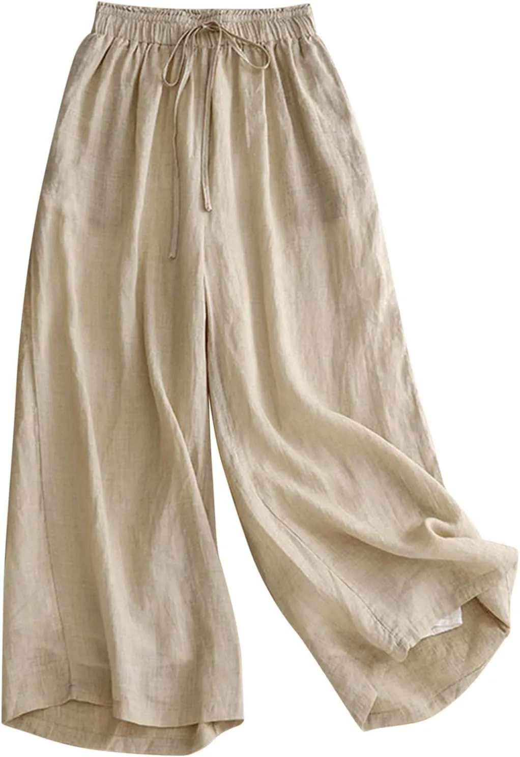 Cotton Linen Capri Pants for Women Casual Summer Wide Leg Palazzo Capris Elastic Waist Loose Flowy Cropped Trousers