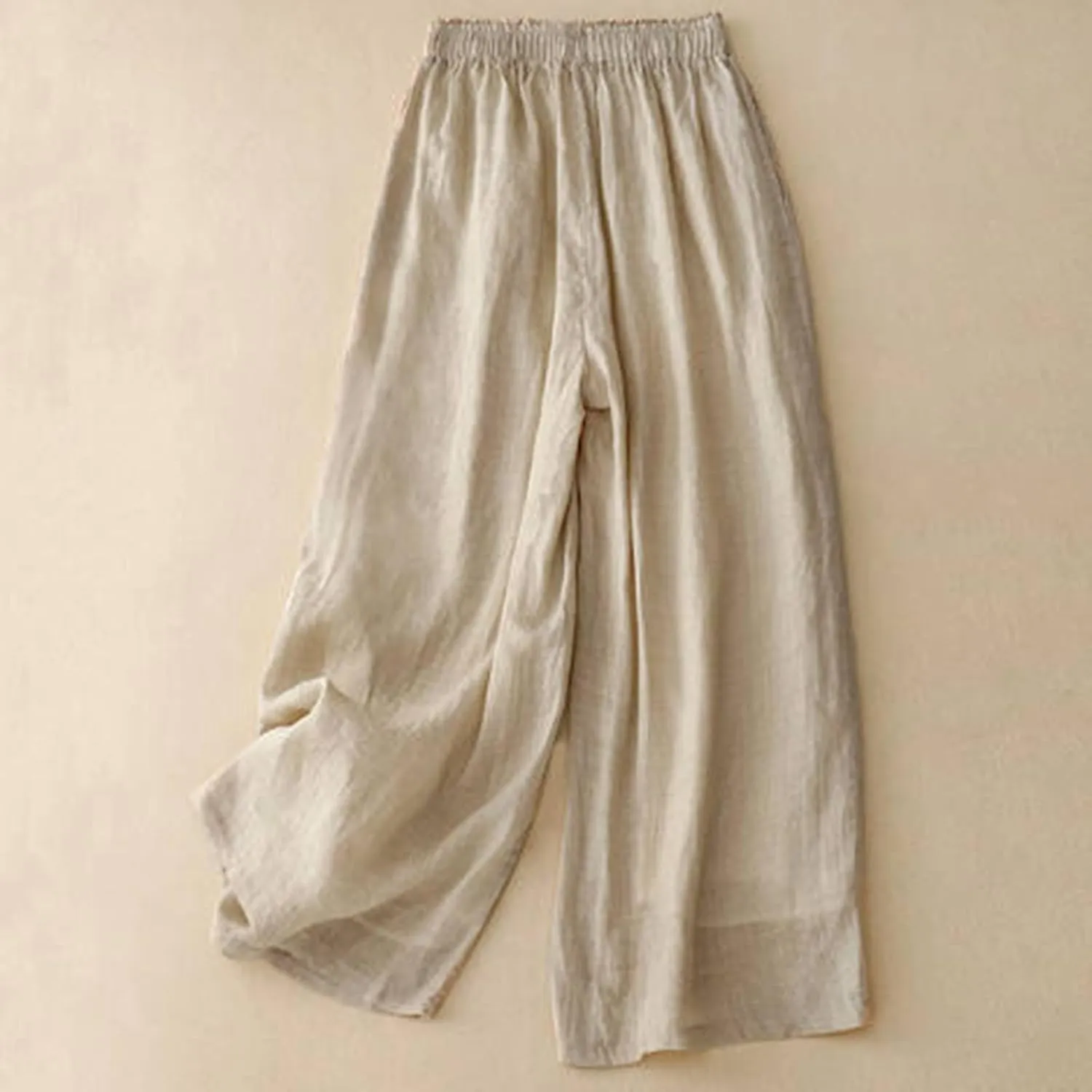 Cotton Linen Capri Pants for Women Casual Summer Wide Leg Palazzo Capris Elastic Waist Loose Flowy Cropped Trousers