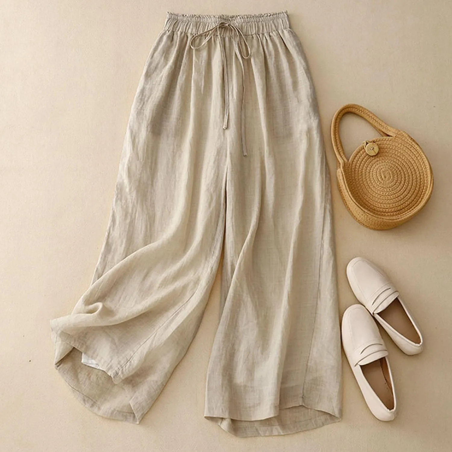 Cotton Linen Capri Pants for Women Casual Summer Wide Leg Palazzo Capris Elastic Waist Loose Flowy Cropped Trousers