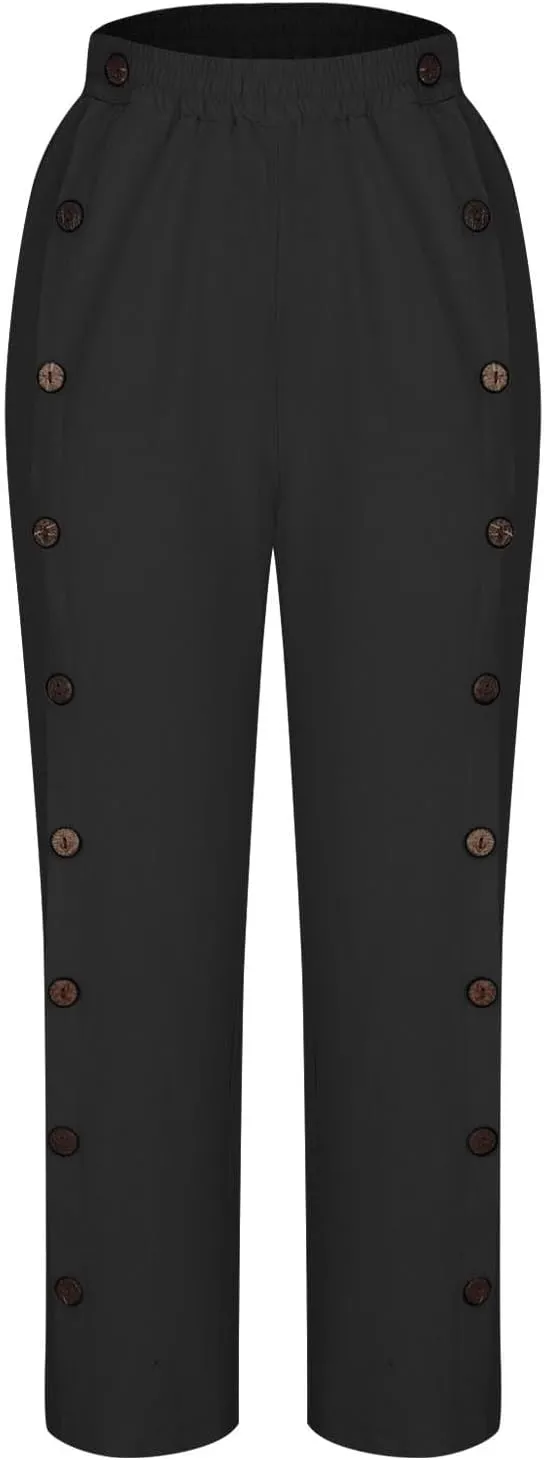 Cotton Linen Pants for Women 2025 High Waisted Wide Leg Trousers Trendy Side Button Elastic Waist Summer Gauze Pants