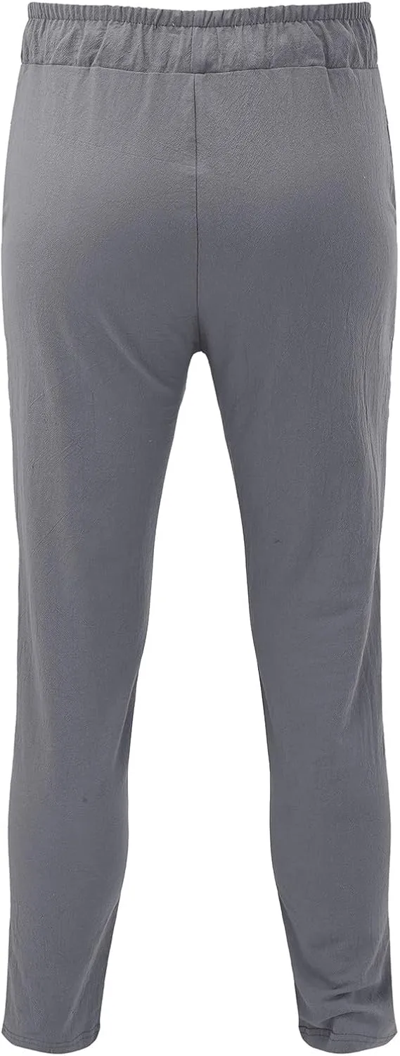 Cotton Linen Pants Men Casual Drawstring Summer Beach Pants Lightweight Breathable Flat Front Trouser with Pockets