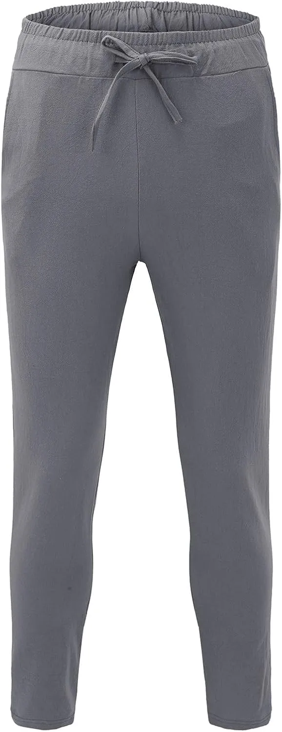 Cotton Linen Pants Men Casual Drawstring Summer Beach Pants Lightweight Breathable Flat Front Trouser with Pockets