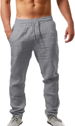 Cotton Linen Pants Men Casual Drawstring Summer Beach Pants Lightweight Breathable Flat Front Trouser with Pockets