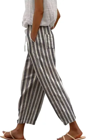 Cotton Linen Pants Women Casual Drawstring Pants Loose Drawstring Elastic Waist Cropped Trouser Womens Leggings