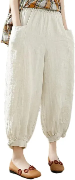 Cotton Linen Solid Harem Pants Women Casual Loose Beam Ankle Pant Vintage Pockets Trousers