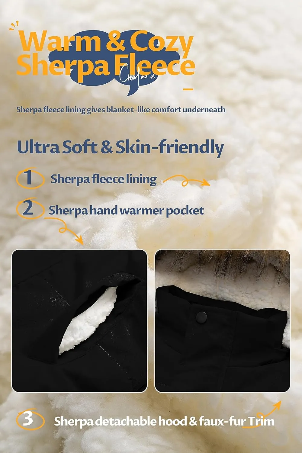 CREATMO US Boy's Sherpa Long Parka Winter Coat Thicken Water Repellent Puffer Jacket With Removable Faux Fur Hood