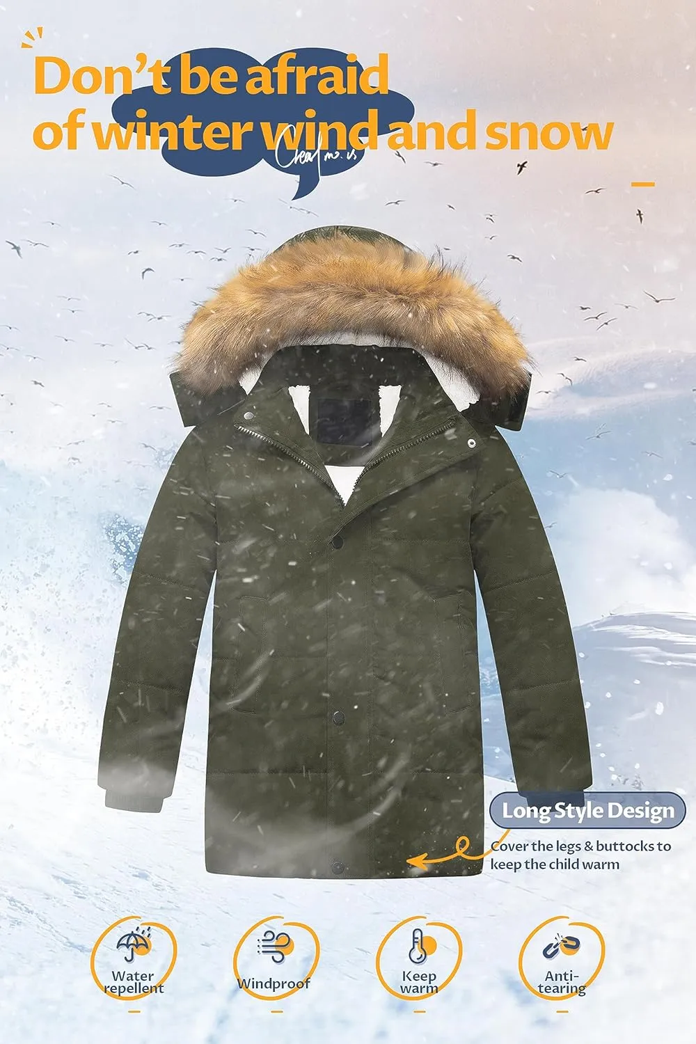 CREATMO US Boy's Sherpa Long Parka Winter Coat Thicken Water Repellent Puffer Jacket With Removable Faux Fur Hood