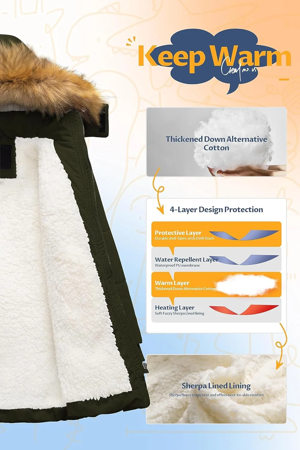CREATMO US Boy's Sherpa Long Parka Winter Coat Thicken Water Repellent Puffer Jacket With Removable Faux Fur Hood