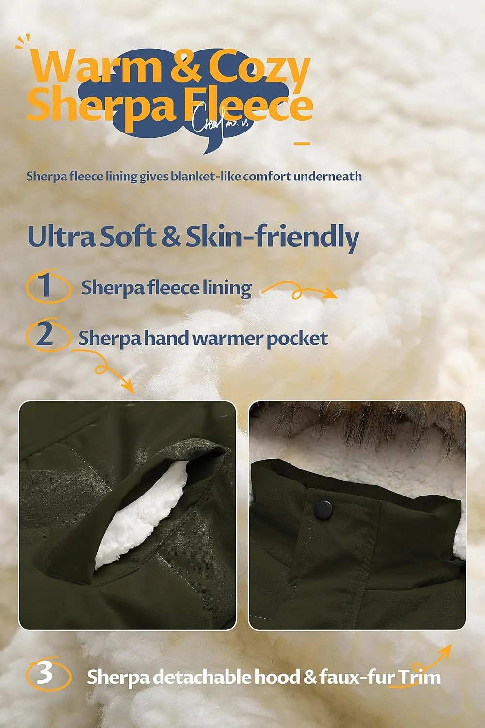 CREATMO US Boy's Sherpa Long Parka Winter Coat Thicken Water Repellent Puffer Jacket With Removable Faux Fur Hood