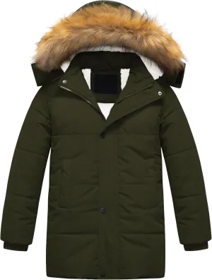 CREATMO US Boy's Sherpa Long Parka Winter Coat Thicken Water Repellent Puffer Jacket With Removable Faux Fur Hood